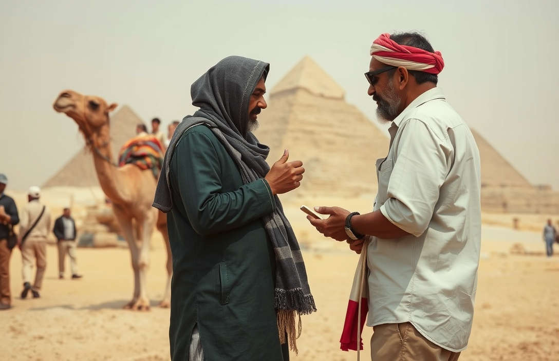 A local vendor gestures toward tourists near pyramid structures, offering services and goods for sale.
