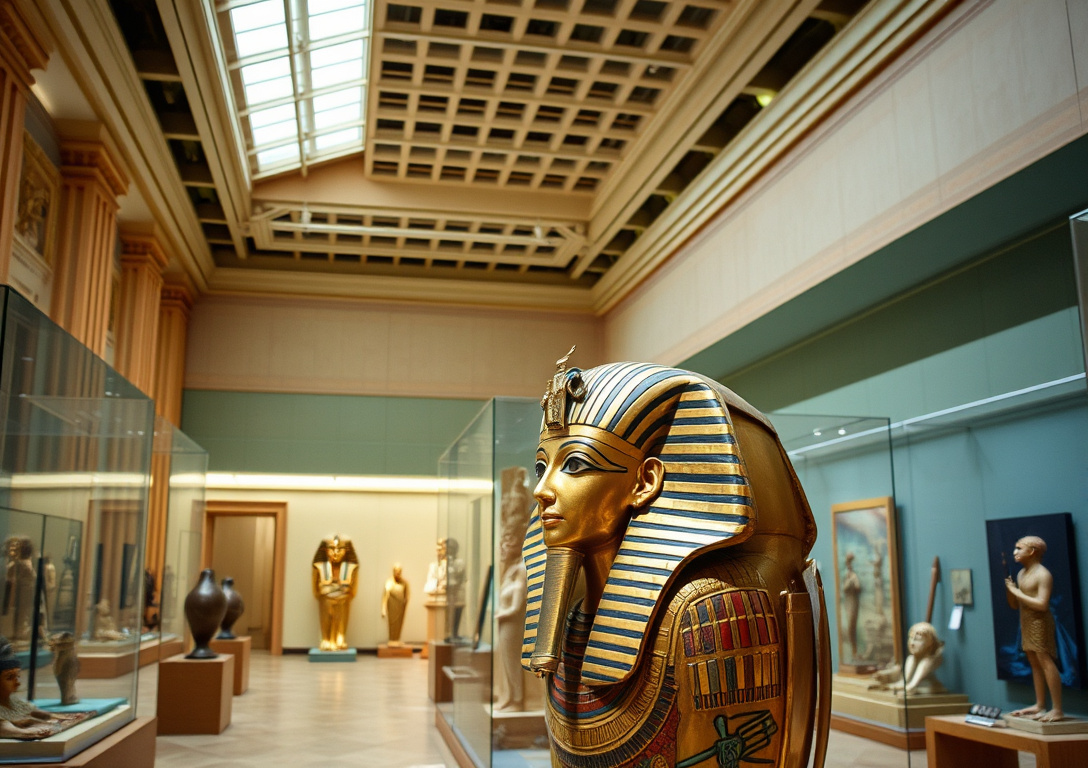 A modern museum gallery displays Egyptian antiquities and mummies under professional lighting and glass cases.
