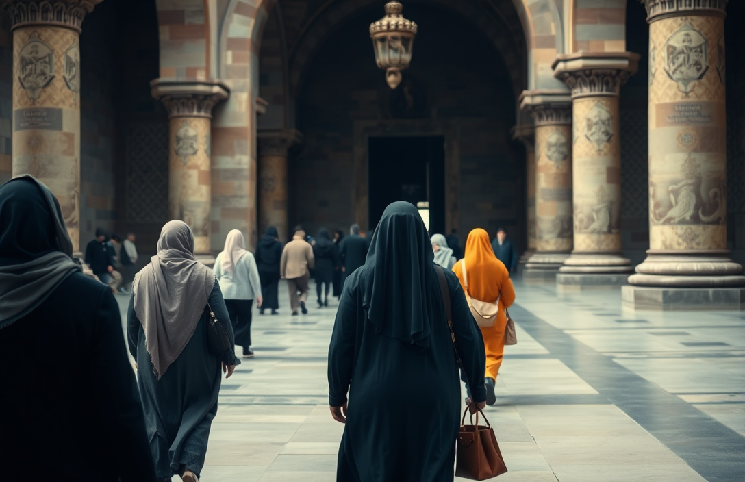 Tourists in long skirts and covered shoulders walk through an Islamic Cairo mosque courtyard with arched architecture.